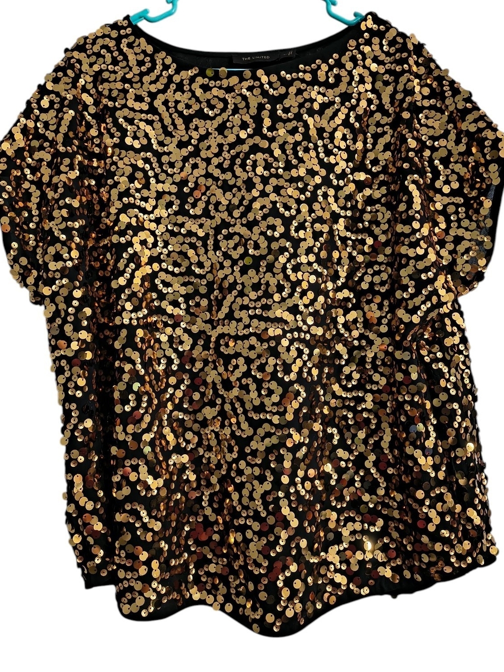 NWT The Limited Y2K XL Short-Sleeve Black Gold Sequins Blouse Top Party Holiday
